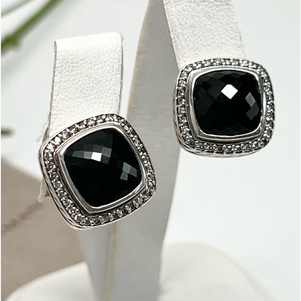 David Yurman Diamond 11mm Black Onyx Albion Earrings .925 Sterling Silver